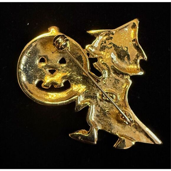 Halloween Brooch Witch & Pumpkin Vintage Enamel Hold Tone - Picture 2 of 4